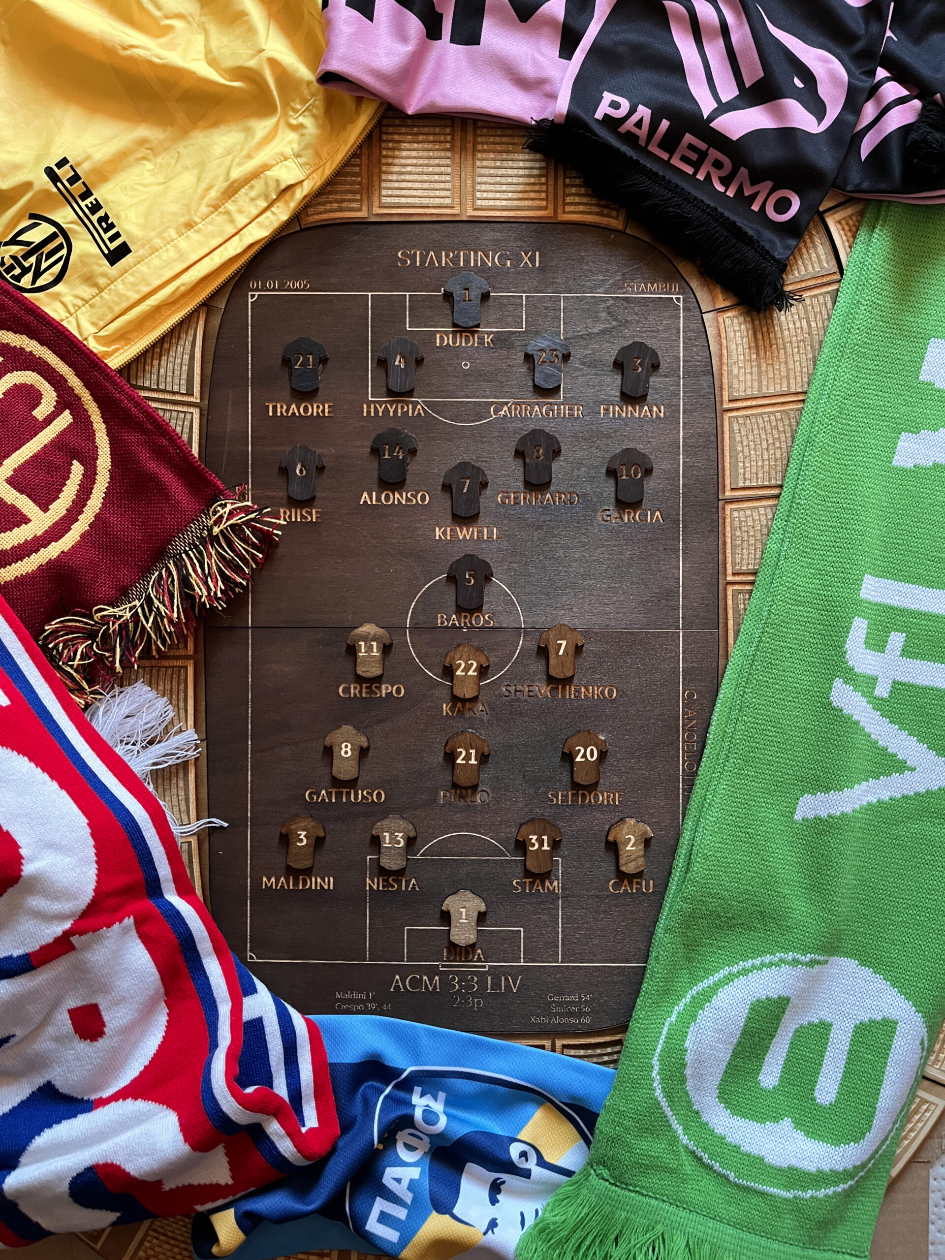 Drewniana pamiątka z meczu - wyjściowa 11 - skład na drewnie