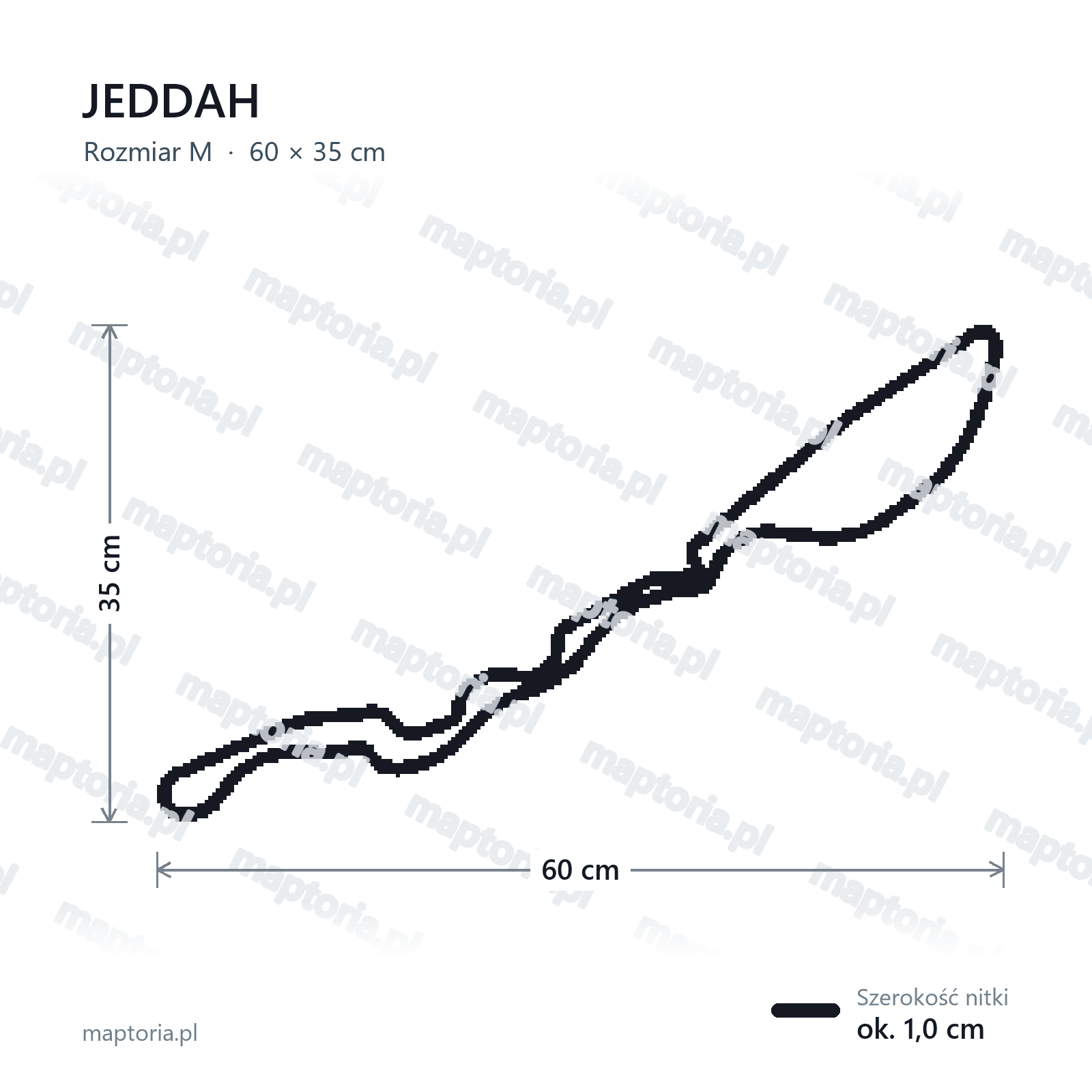 Wymiary toru Jeddah w rozmiarze M (60 cm dłuższego boku)