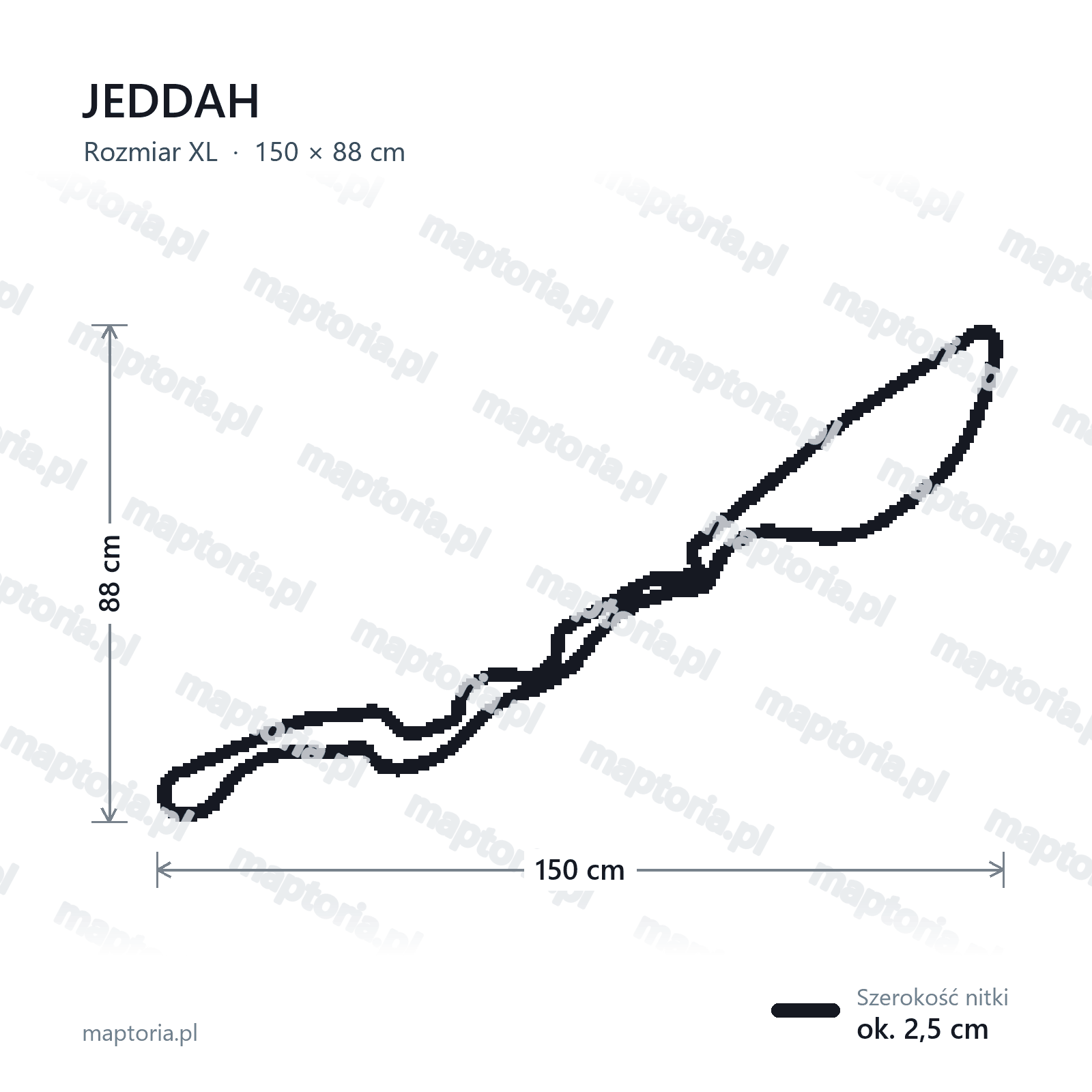 Wymiary toru Jeddah w rozmiarze XL (150 cm dłuższego boku)