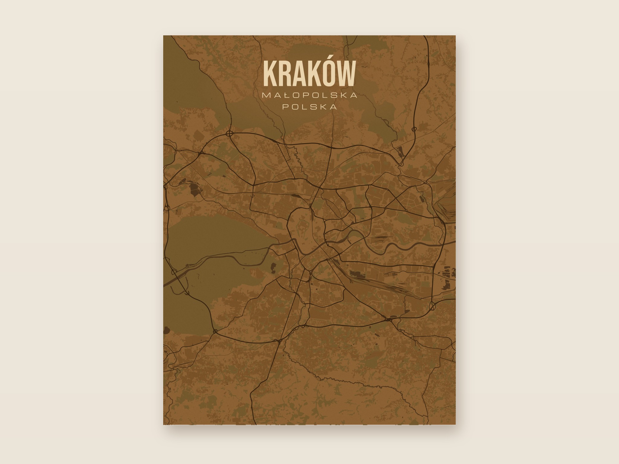 Plakat Twojego miejsca: mapa Krakowa w brązowym stylu, sam plakat bez ramy