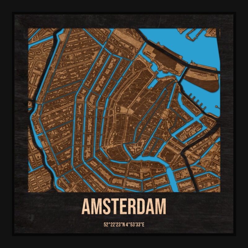 Amsterdam - drewniana mapa miasta z siatką ulic w ramce