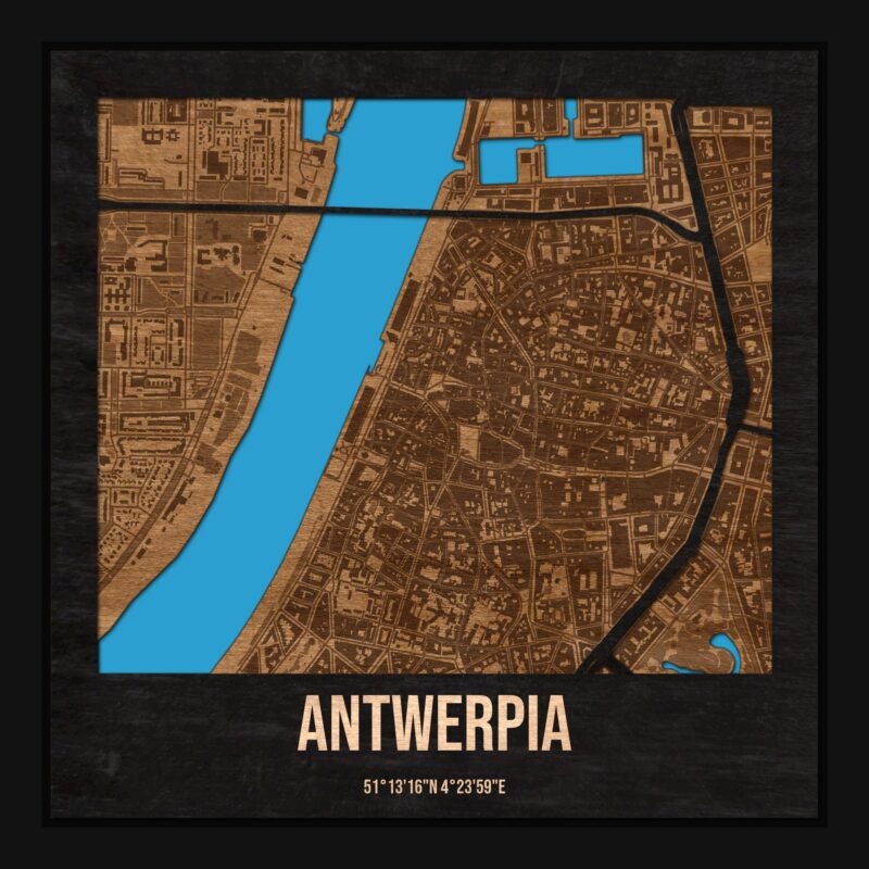 Antwerpia - drewniana mapa miasta z siatką ulic w ramce