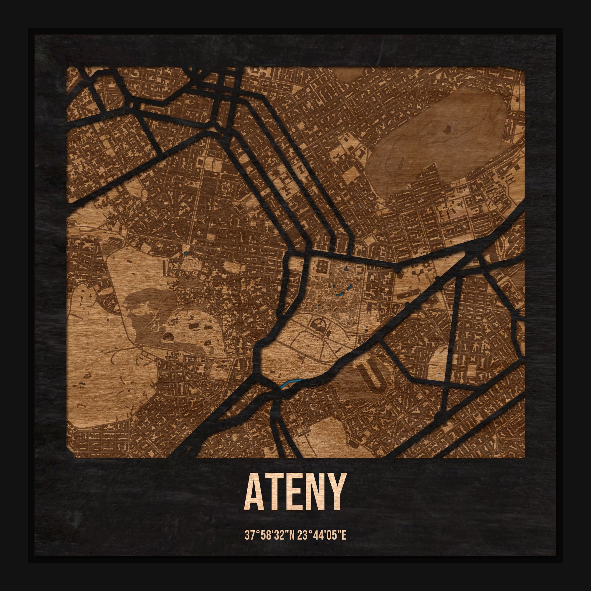 Ateny - drewniana mapa miasta z siatką ulic w ramce