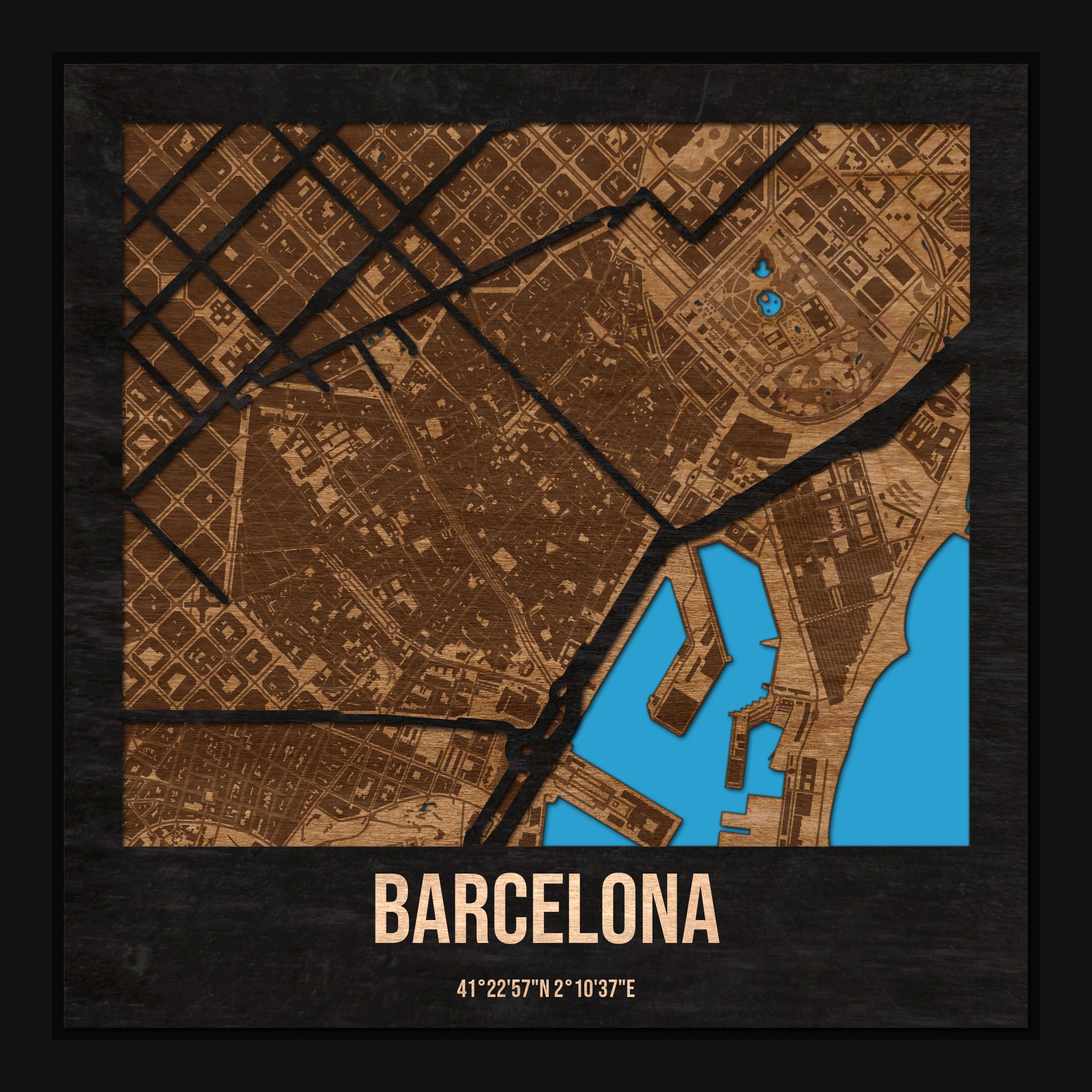 Barcelona - drewniana mapa miasta z siatką ulic w ramce
