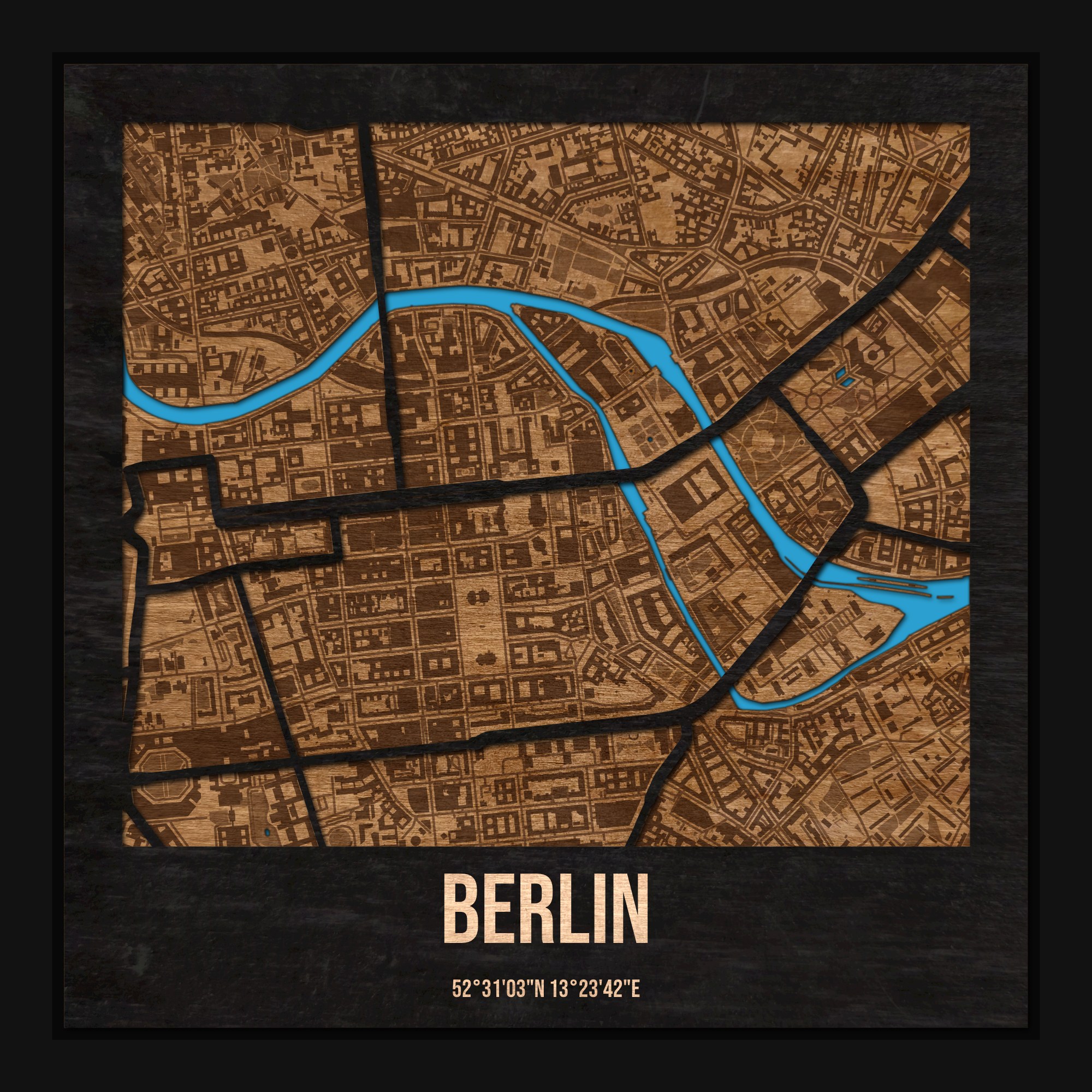 Berlin - drewniana mapa miasta z siatką ulic w ramce