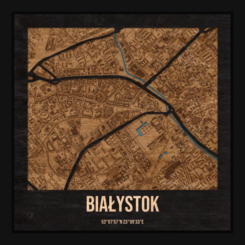 Białystok - drewniana mapa miasta z siatką ulic w ramce
