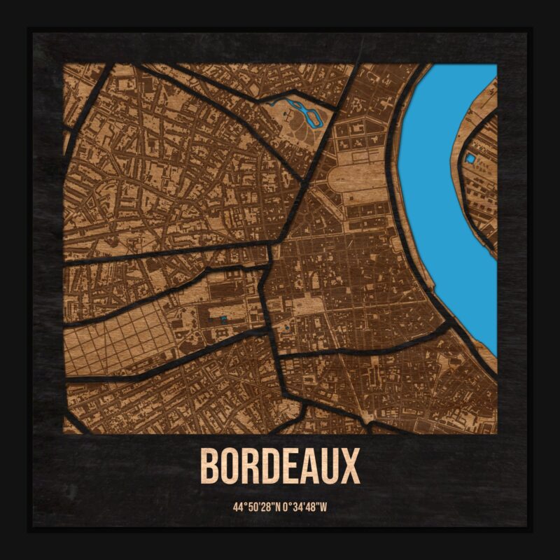 Bordeaux - drewniana mapa miasta z siatką ulic w ramce