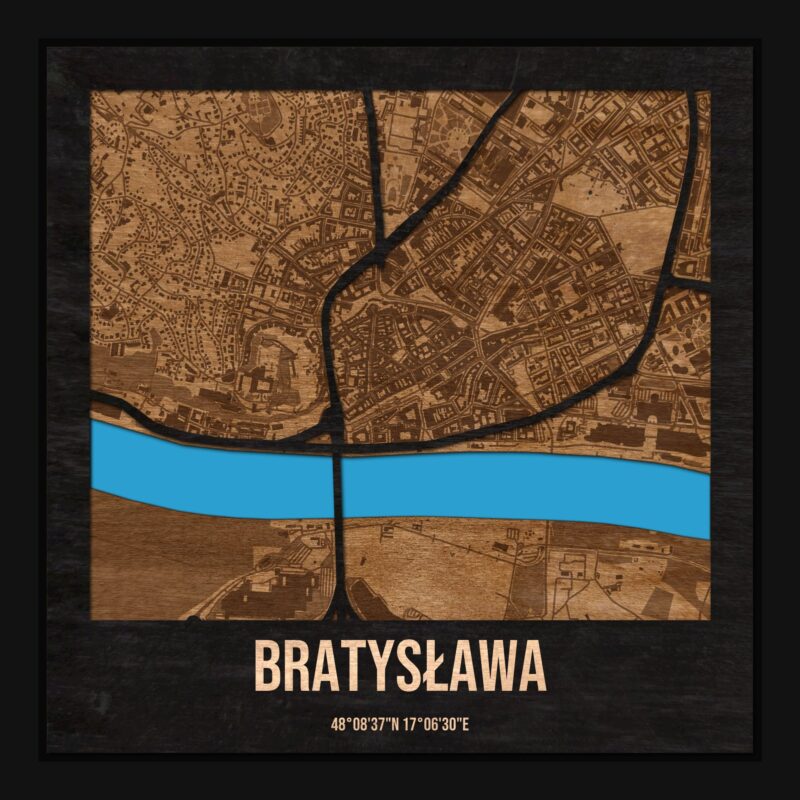 Bratysława - drewniana mapa miasta z siatką ulic w ramce