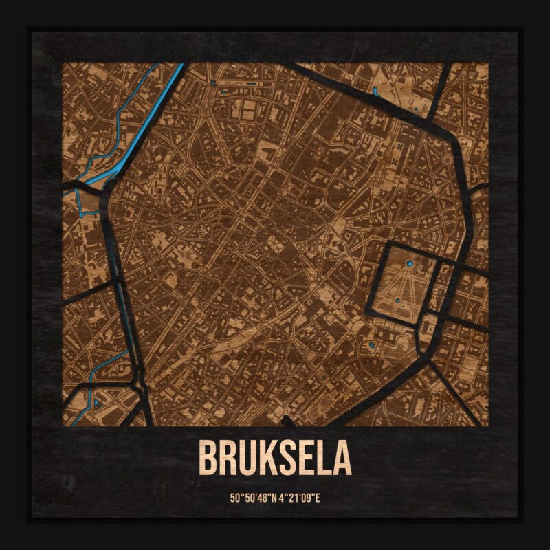 Bruksela - drewniana mapa miasta z siatką ulic w ramce