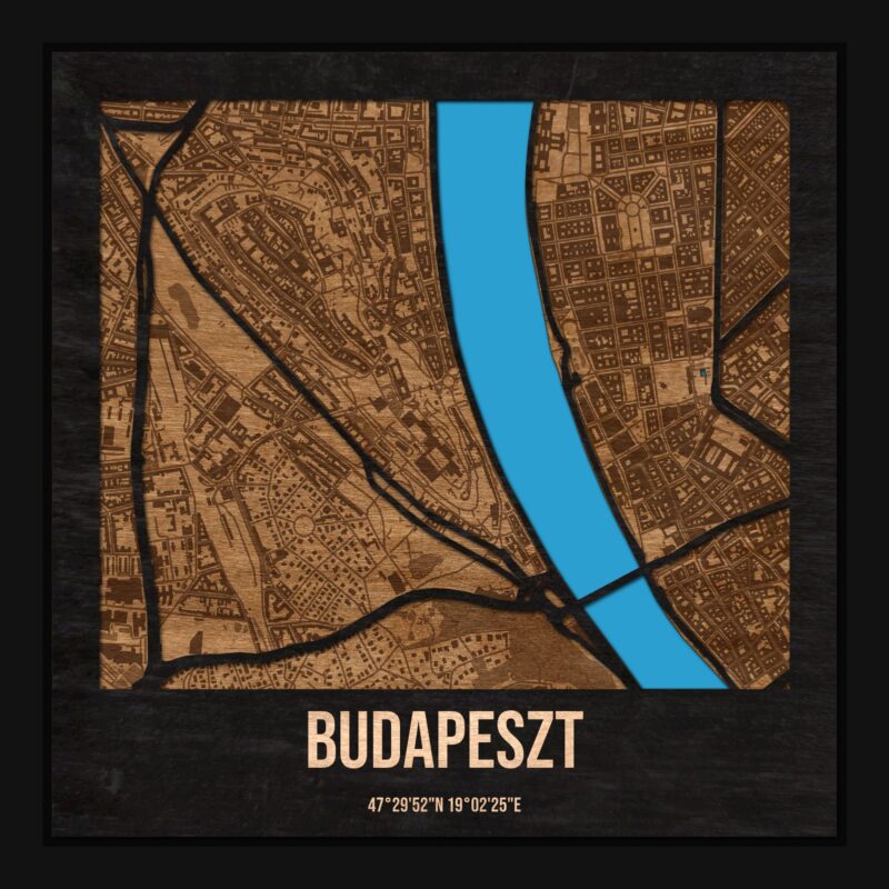 Budapeszt - drewniana mapa miasta z siatką ulic w ramce
