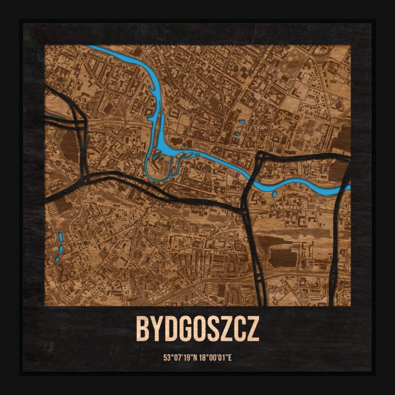 Bydgoszcz - drewniana mapa miasta z siatką ulic w ramce