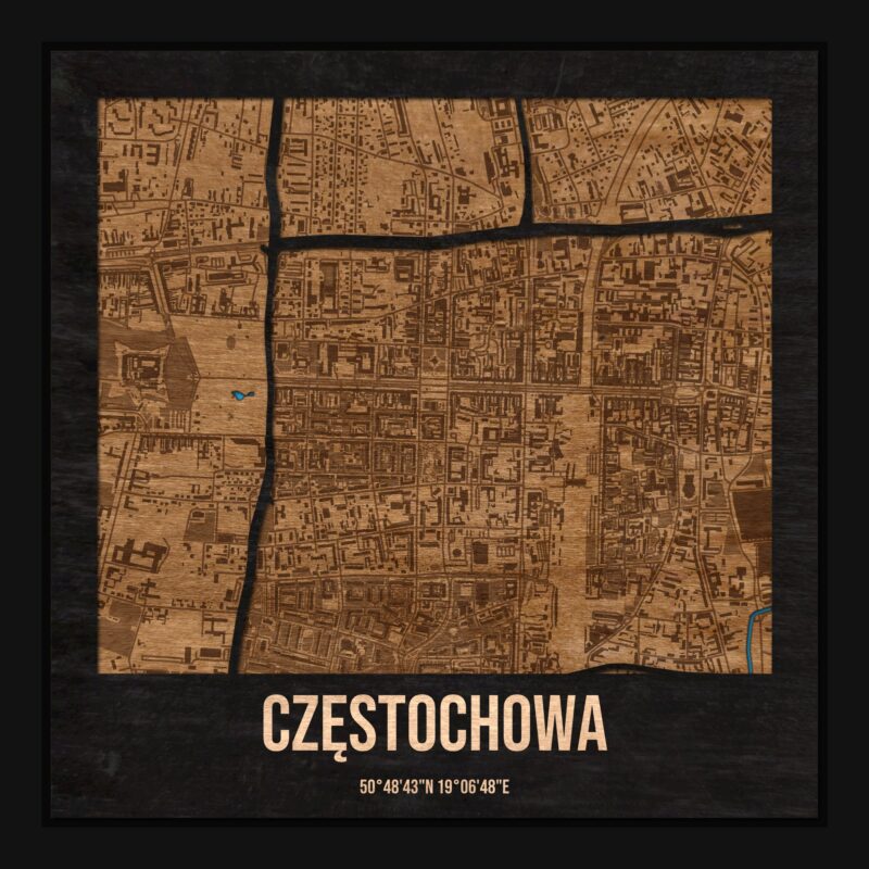 Częstochowa - drewniana mapa miasta z siatką ulic w ramce
