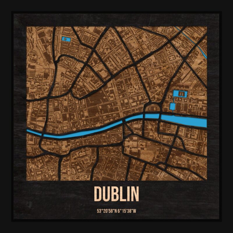 Dublin - drewniana mapa miasta z siatką ulic w ramce