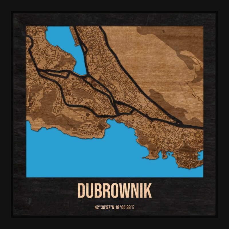 Dubrownik - drewniana mapa miasta z siatką ulic w ramce