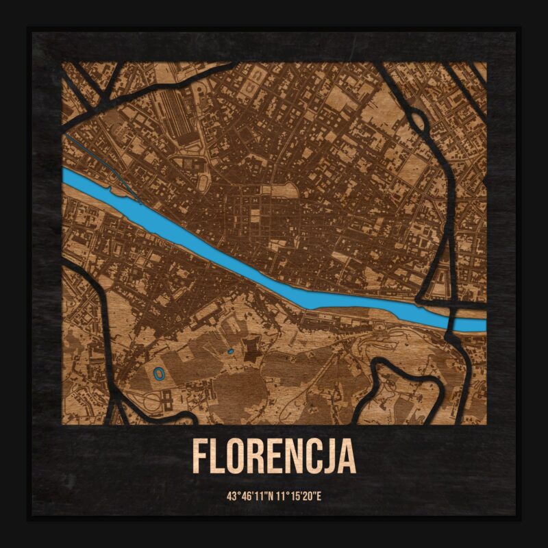 Florencja - drewniana mapa miasta z siatką ulic w ramce