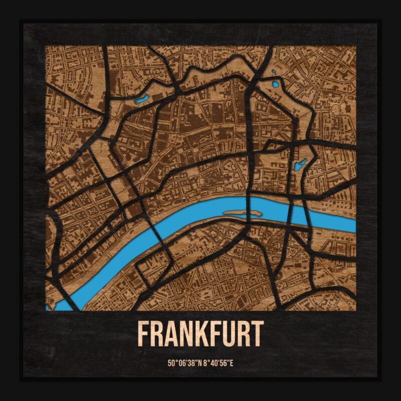 Frankfurt - drewniana mapa miasta z siatką ulic w ramce