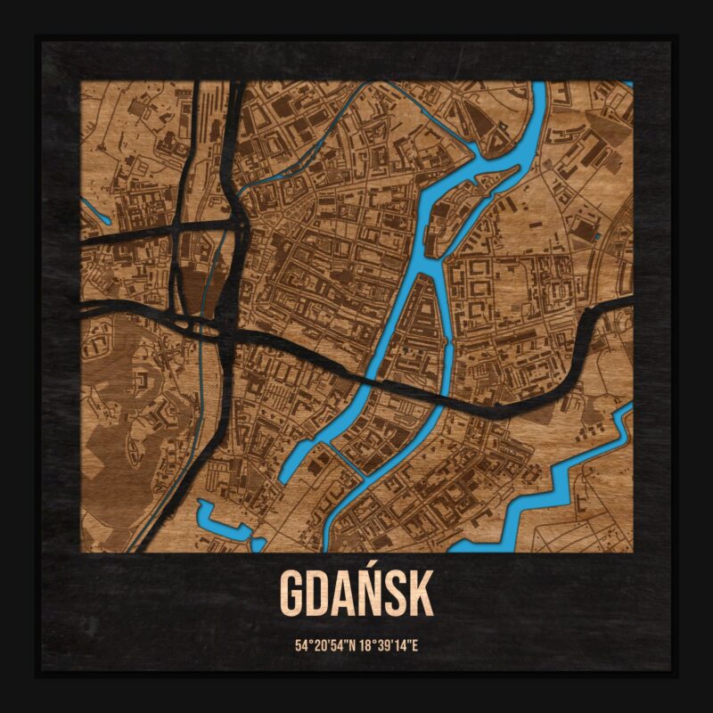 Gdańsk - drewniana mapa miasta z siatką ulic w ramce