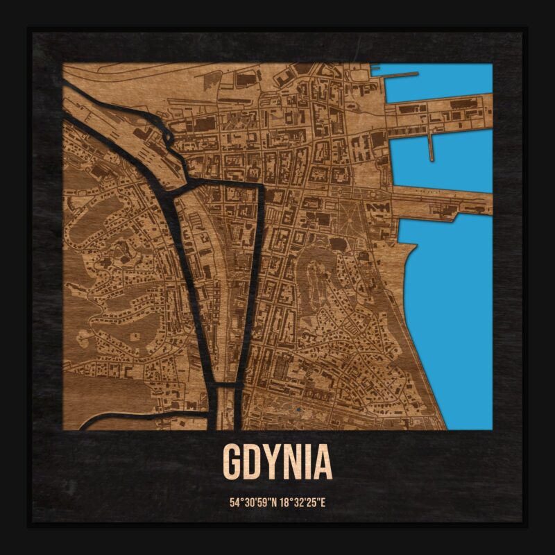 Gdynia - drewniana mapa miasta z siatką ulic w ramce