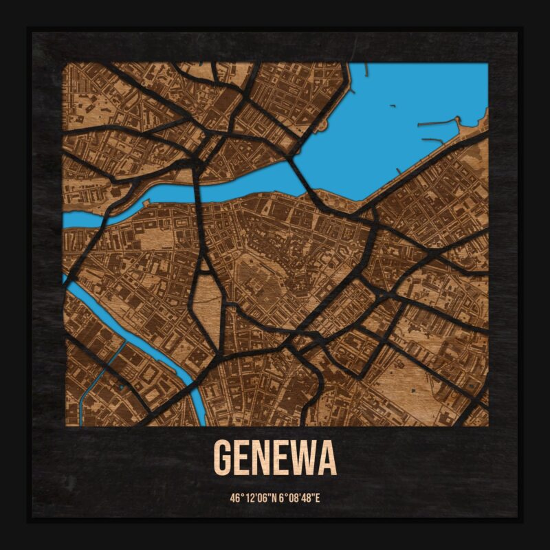 Genewa - drewniana mapa miasta z siatką ulic w ramce