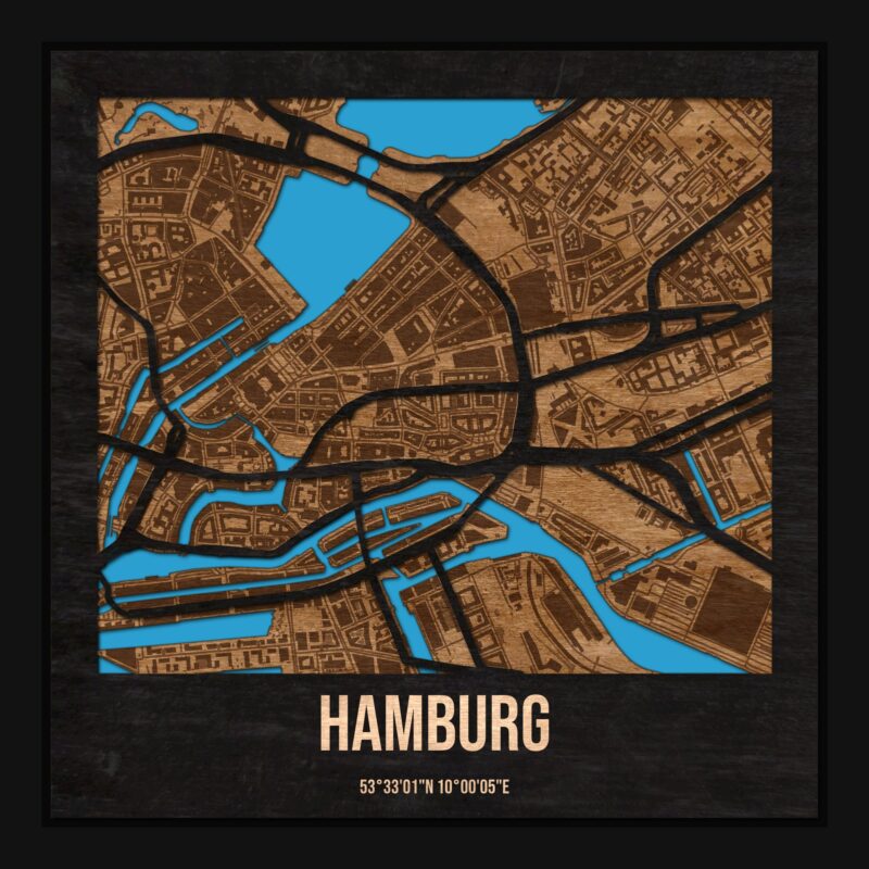 Hamburg - drewniana mapa miasta z siatką ulic w ramce