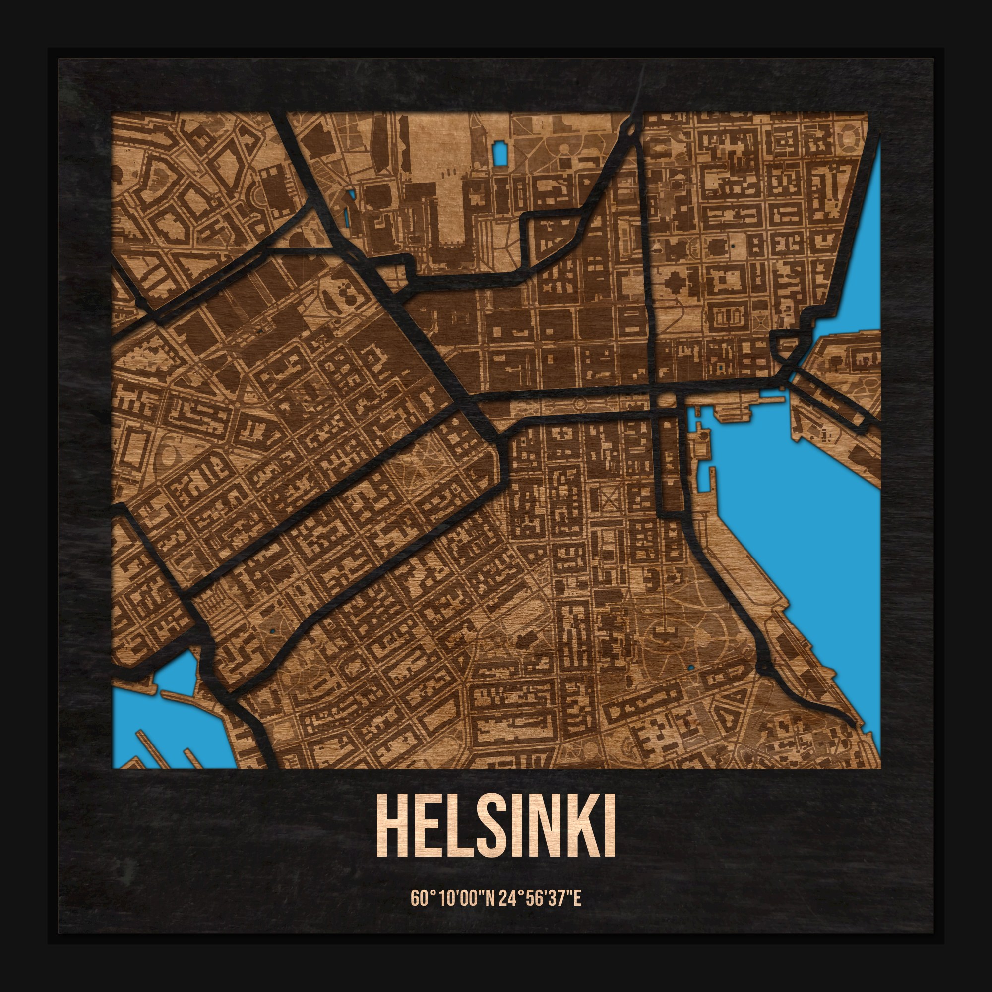 Helsinki - drewniana mapa miasta z siatką ulic w ramce