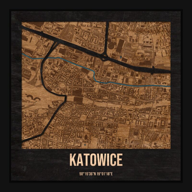 Katowice - drewniana mapa miasta z siatką ulic w ramce