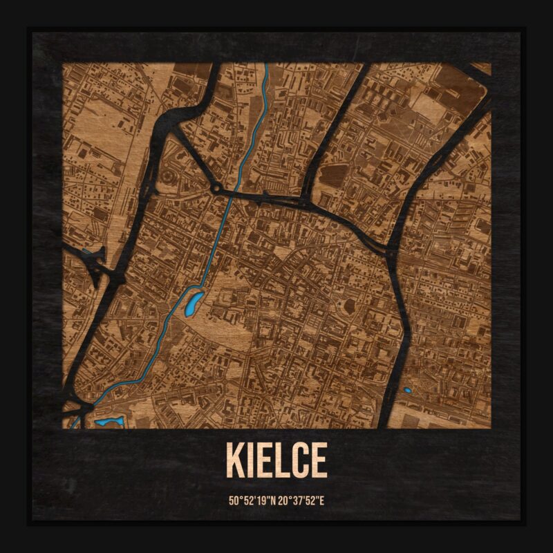 Kielce - drewniana mapa miasta z siatką ulic w ramce