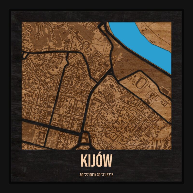 Kijów - drewniana mapa miasta z siatką ulic w ramce