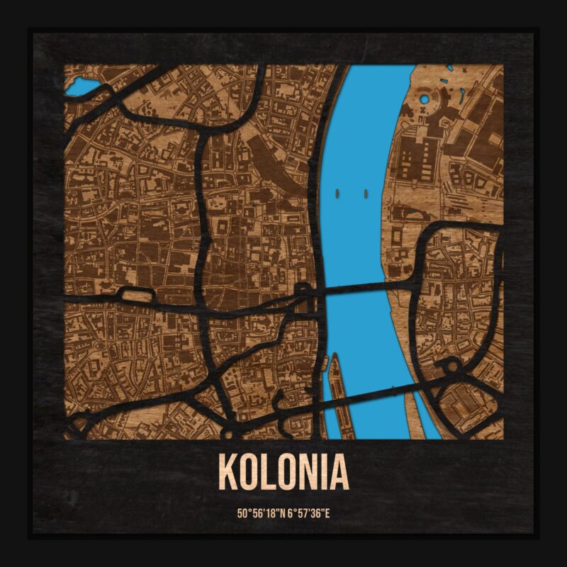 Kolonia - drewniana mapa miasta z siatką ulic w ramce