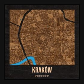 Kraków - drewniana mapa miasta z siatką ulic w ramce