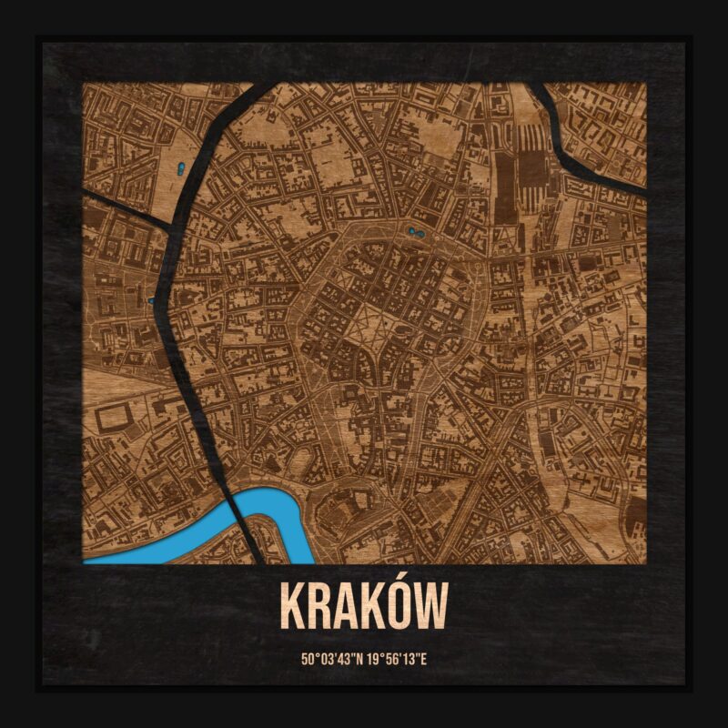 Kraków - drewniana mapa miasta z siatką ulic w ramce