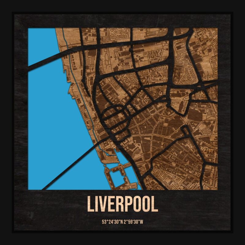 Liverpool - drewniana mapa miasta z siatką ulic w ramce