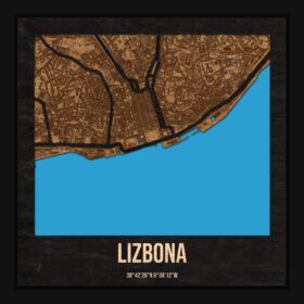 Lizbona - drewniana mapa miasta z siatką ulic w ramce