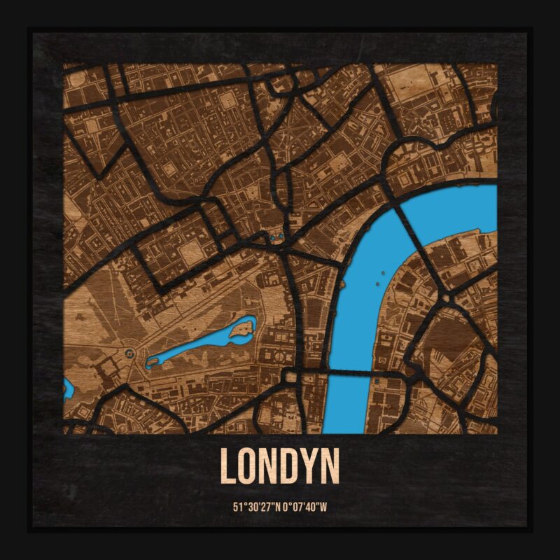 Londyn - drewniana mapa miasta z siatką ulic w ramce