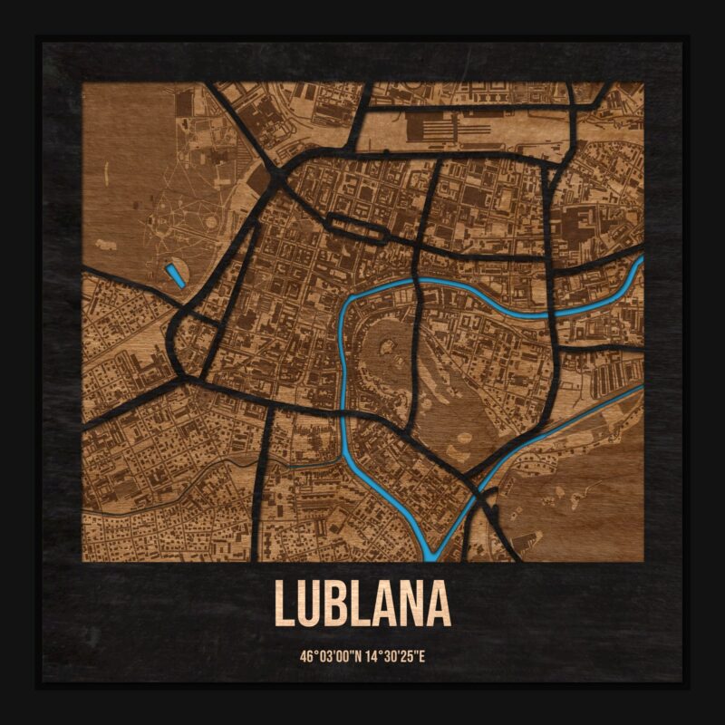 Lublana - drewniana mapa miasta z siatką ulic w ramce