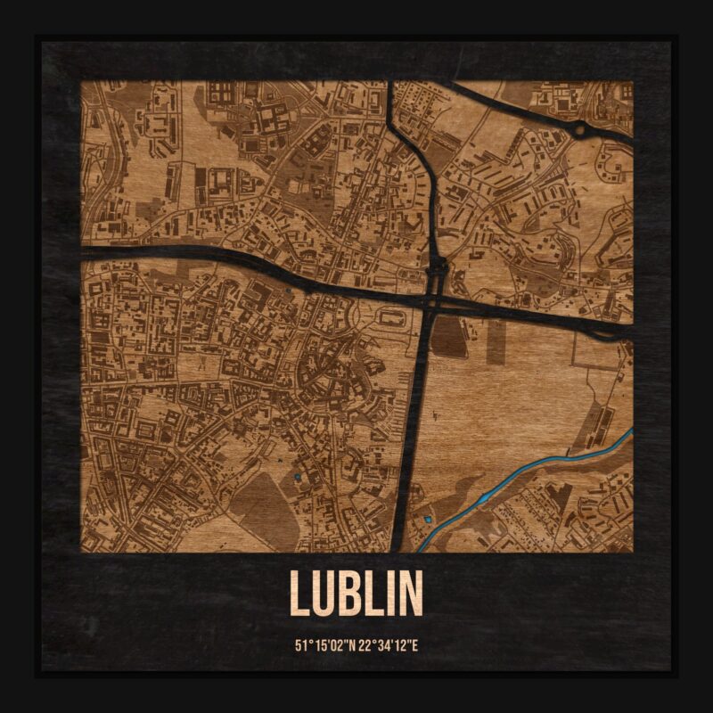 Lublin - drewniana mapa miasta z siatką ulic w ramce