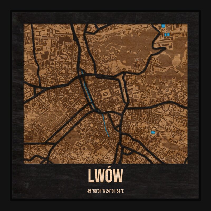Lwów - drewniana mapa miasta z siatką ulic w ramce