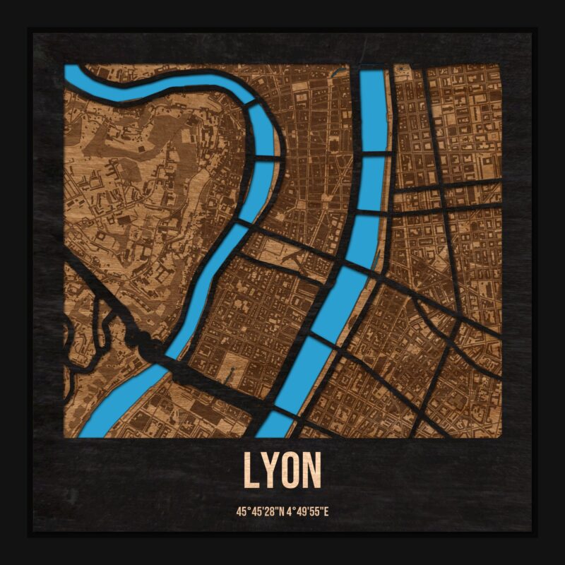Lyon - drewniana mapa miasta z siatką ulic w ramce
