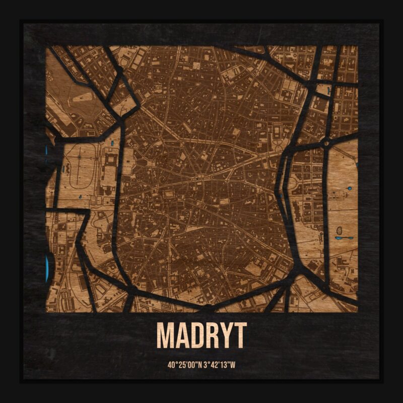 Madryt - drewniana mapa miasta z siatką ulic w ramce