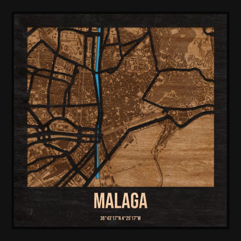 Malaga - drewniana mapa miasta z siatką ulic w ramce