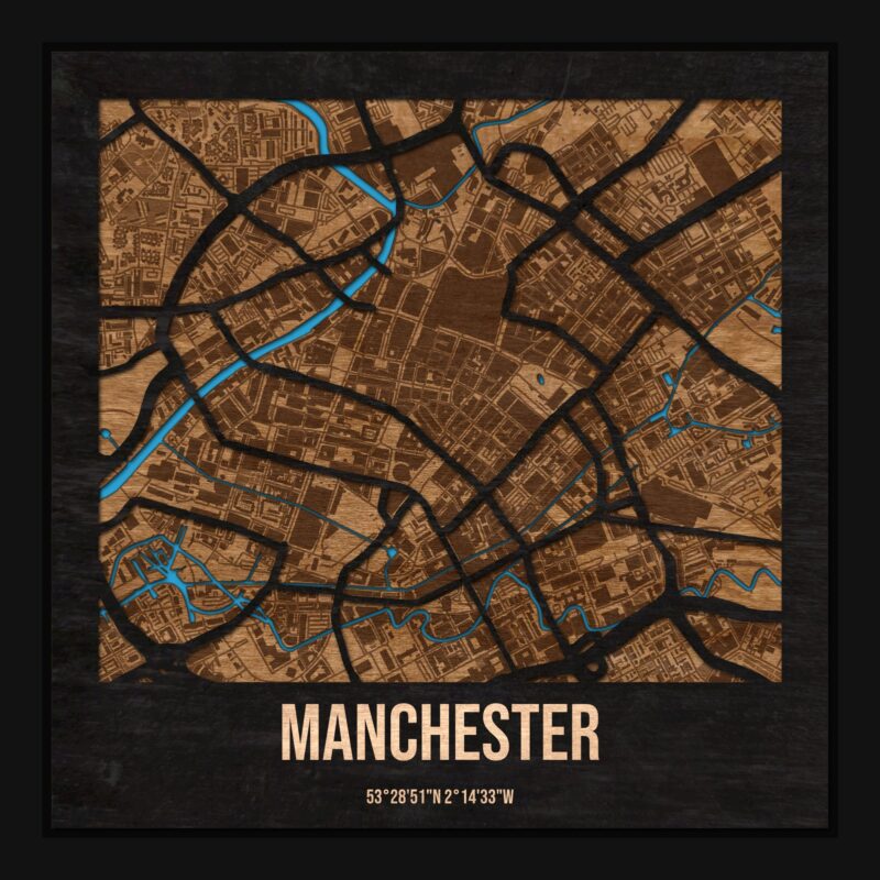 Manchester - drewniana mapa miasta z siatką ulic w ramce