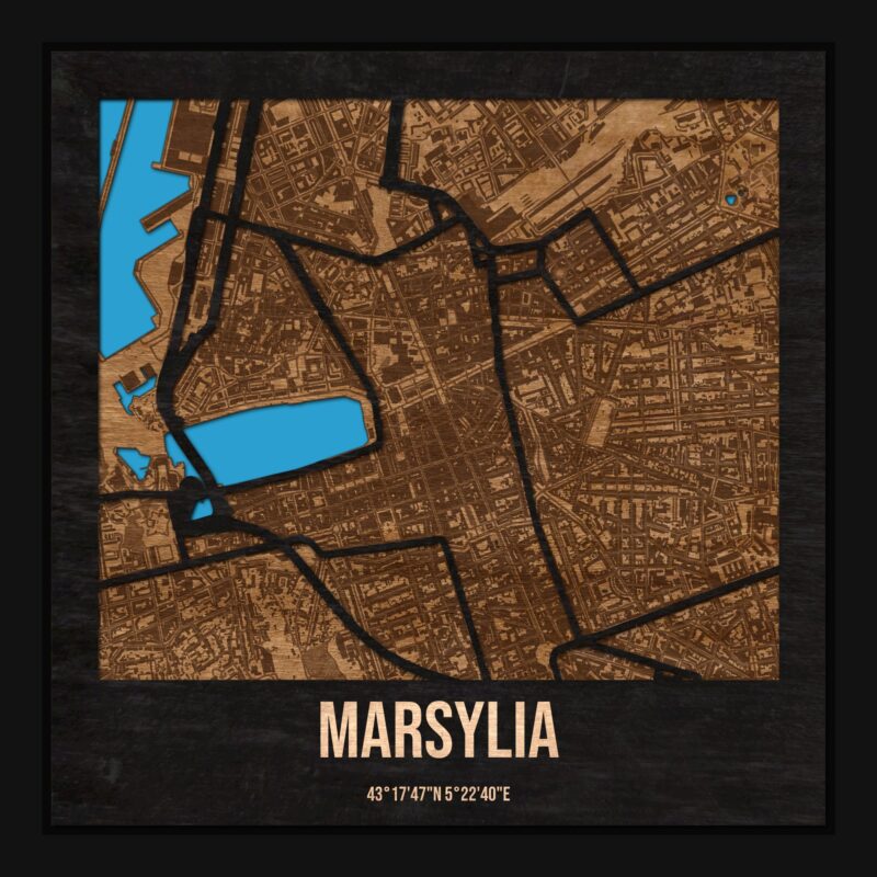 Marsylia - drewniana mapa miasta z siatką ulic w ramce