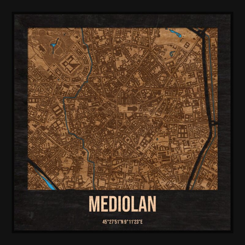 Mediolan - drewniana mapa miasta z siatką ulic w ramce