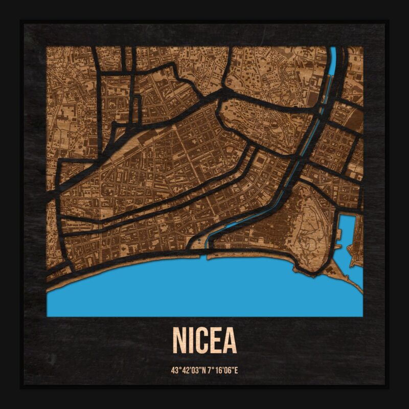 Nicea - drewniana mapa miasta z siatką ulic w ramce