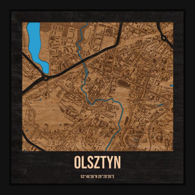 Olsztyn - drewniana mapa miasta z siatką ulic w ramce