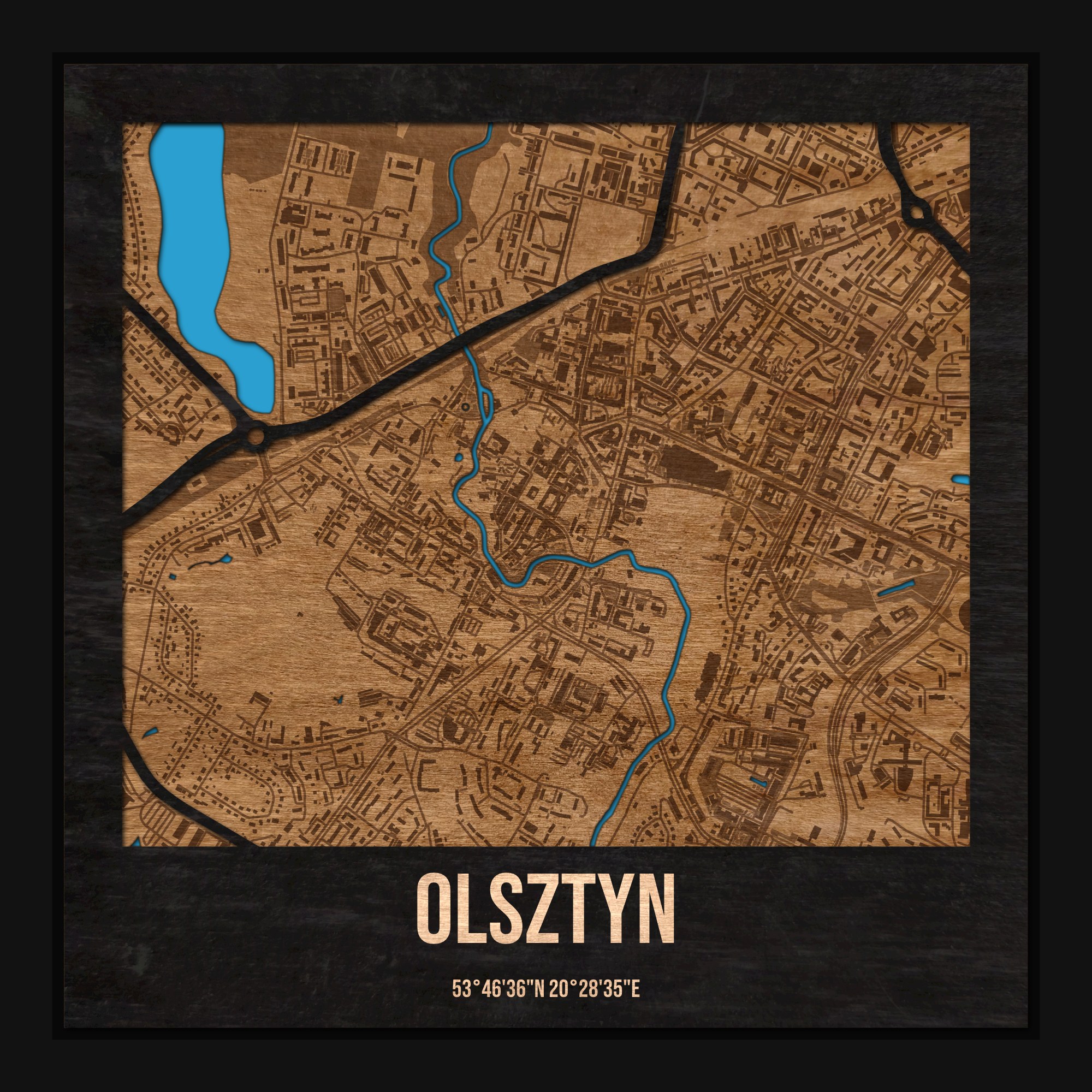 Olsztyn - drewniana mapa miasta z siatką ulic w ramce