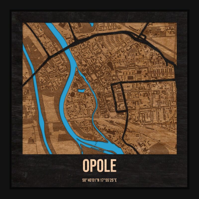 Opole - drewniana mapa miasta z siatką ulic w ramce