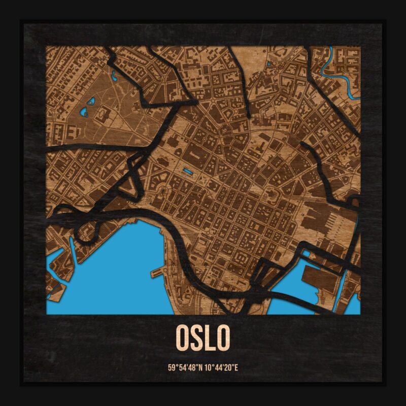 Oslo - drewniana mapa miasta z siatką ulic w ramce