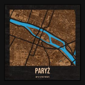 Paryż - drewniana mapa miasta z siatką ulic w ramce