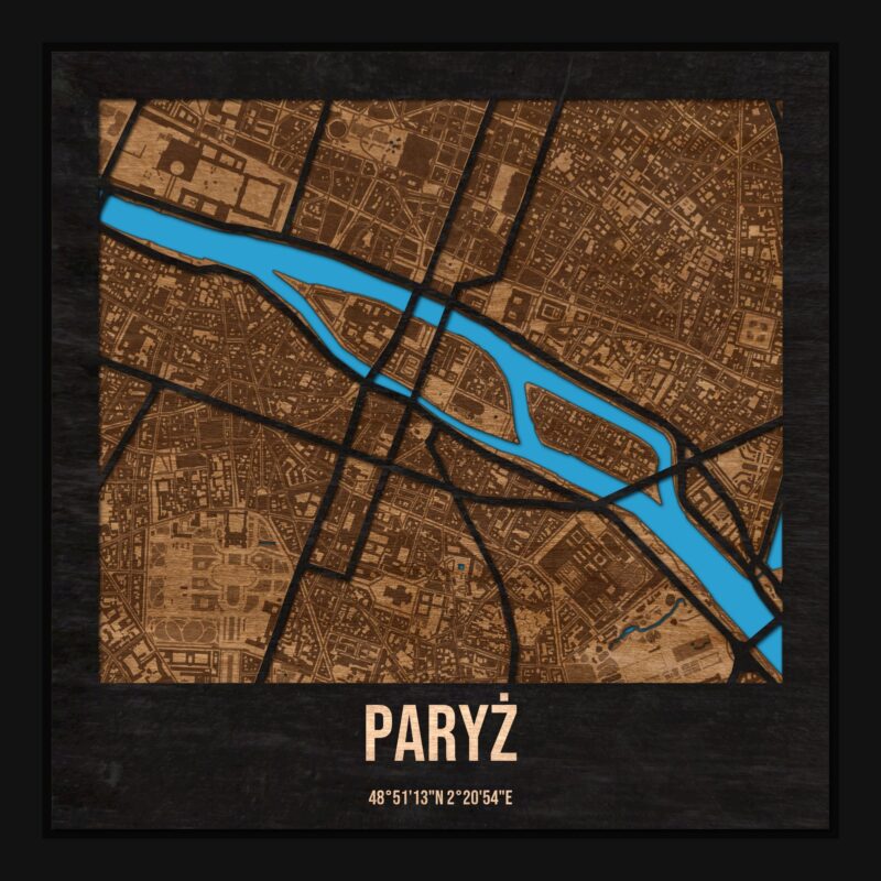 Paryż - drewniana mapa miasta z siatką ulic w ramce